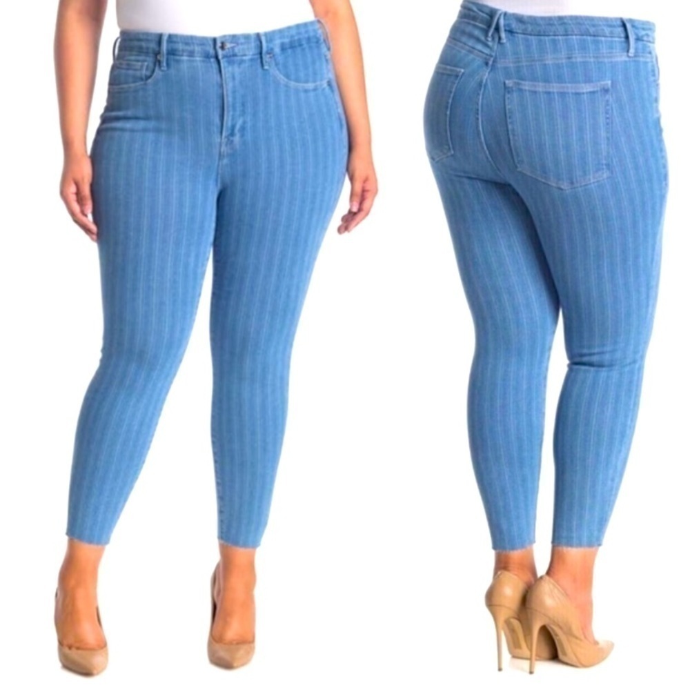 Good American Plus Size 24 Cropped Skinny Raw Hem Striped Stretch Jeans new